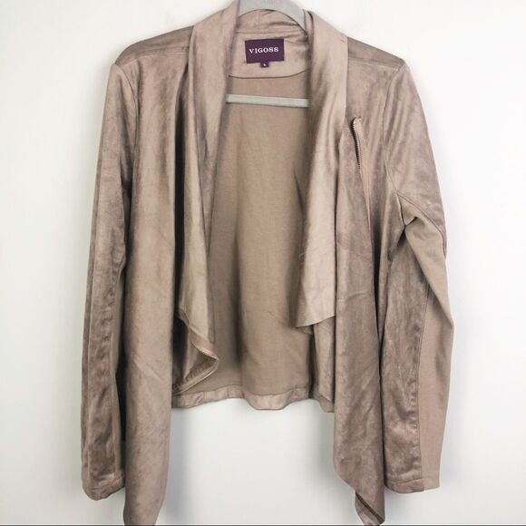 VIGOSS | Faux Suede Asymmetrical Tan Moto Jacket Zip Front Drape L - Picture 2 of 7